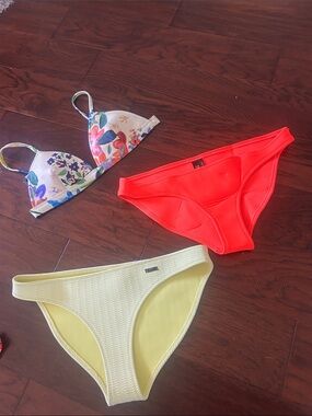triangl swimwear Floral Triangle Top with Neon Coral and Pale Yellow Bottoms